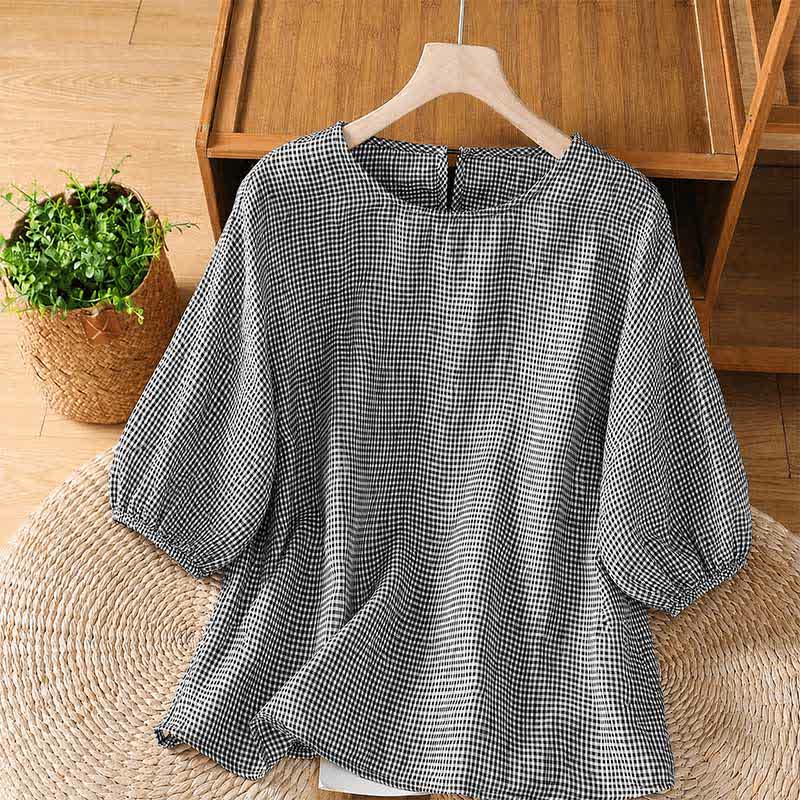 Buddha Stones Letnie, swobodne, minimalistyczne, damskie koszulki z krótkim rękawem w kratę i okrągłym dekoltem - Czarny - US12, UK/AU16, EU44 (2XL) - image 0