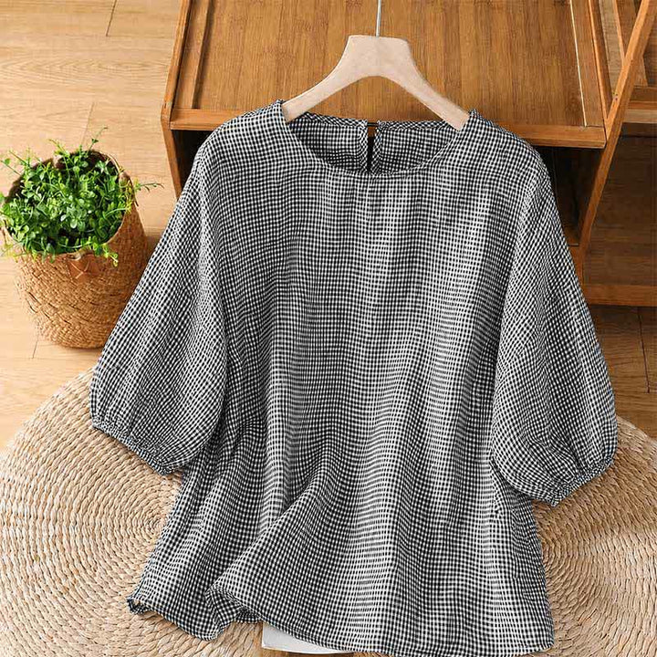 Buddha Stones Letnie, swobodne, minimalistyczne, damskie koszulki z krótkim rękawem w kratę i okrągłym dekoltem - Czarny - US12, UK/AU16, EU44 (2XL) - image 0