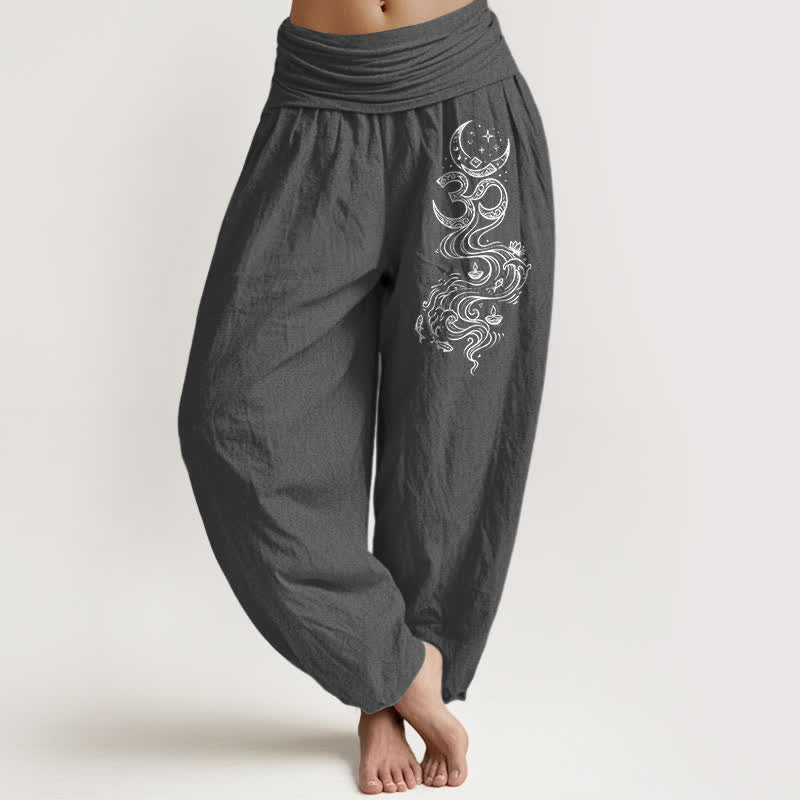 Buddha Stones Spodnie haremowe damskie z elastyczną talią i wzorem „Sacre Moon Om” z czystej bawełny - DimGray - US16, UK/AU20, EU48 (3XL) - image 0