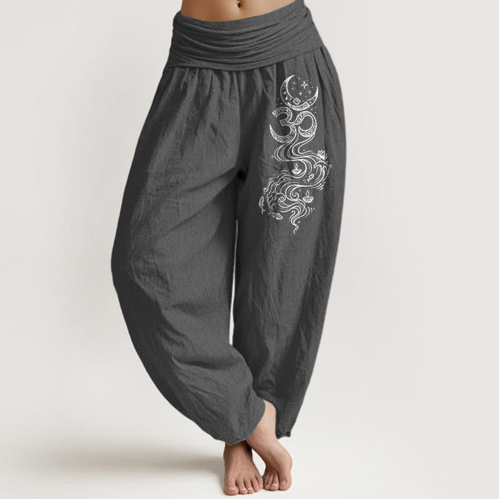 Buddha Stones Spodnie haremowe damskie z elastyczną talią i wzorem „Sacre Moon Om” z czystej bawełny - DimGray - US16, UK/AU20, EU48 (3XL) - image 0