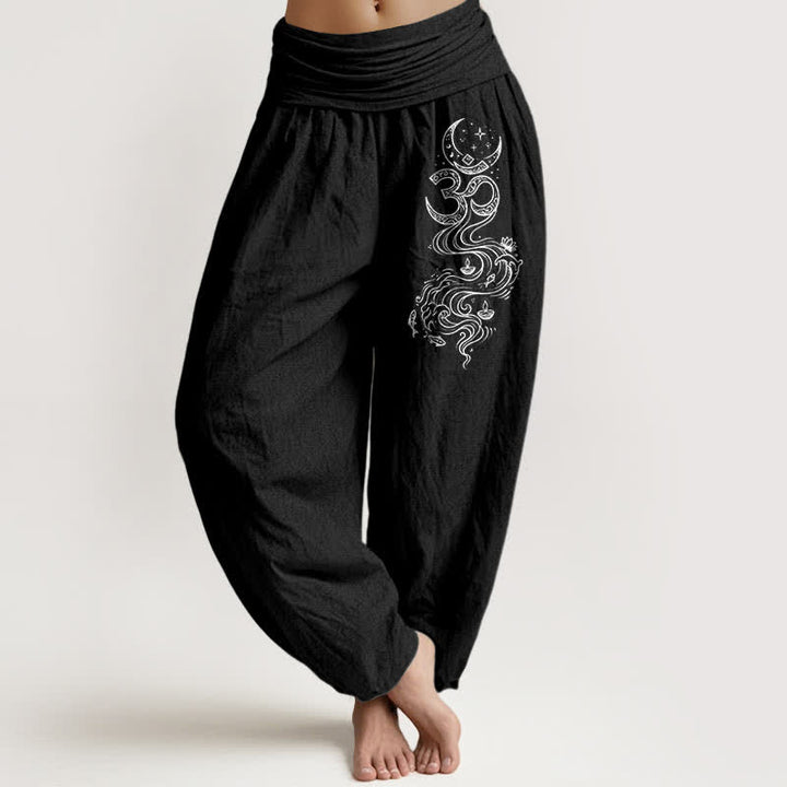 Buddha Stones Spodnie haremowe damskie z elastyczną talią i wzorem „Sacre Moon Om” z czystej bawełny - Czarny - US16, UK/AU20, EU48 (3XL) - image 5
