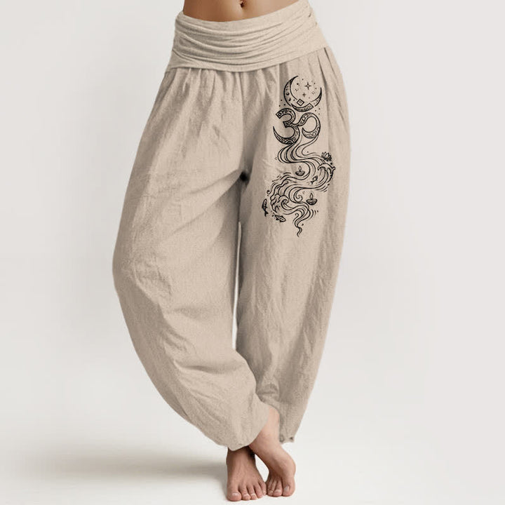 Buddha Stones Spodnie haremowe damskie z elastyczną talią i wzorem „Sacre Moon Om” z czystej bawełny - Dębnik - US16, UK/AU20, EU48 (3XL) - image 11