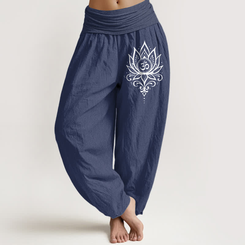 Buddha Stones Spodnie damskie harem z czystej bawełny w kolorze białym z wzorem lotosu i om - DarkSlateBlue - US16, UK/AU20, EU48 (3XL) - image 0