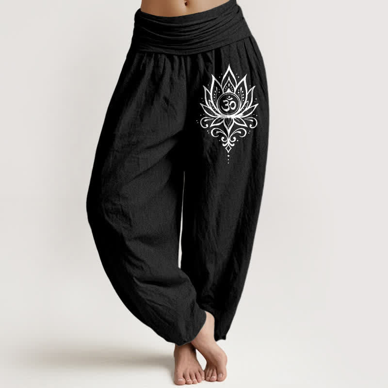 Buddha Stones Spodnie damskie harem z czystej bawełny w kolorze białym z wzorem lotosu i om - Czarny - US16, UK/AU20, EU48 (3XL) - image 5