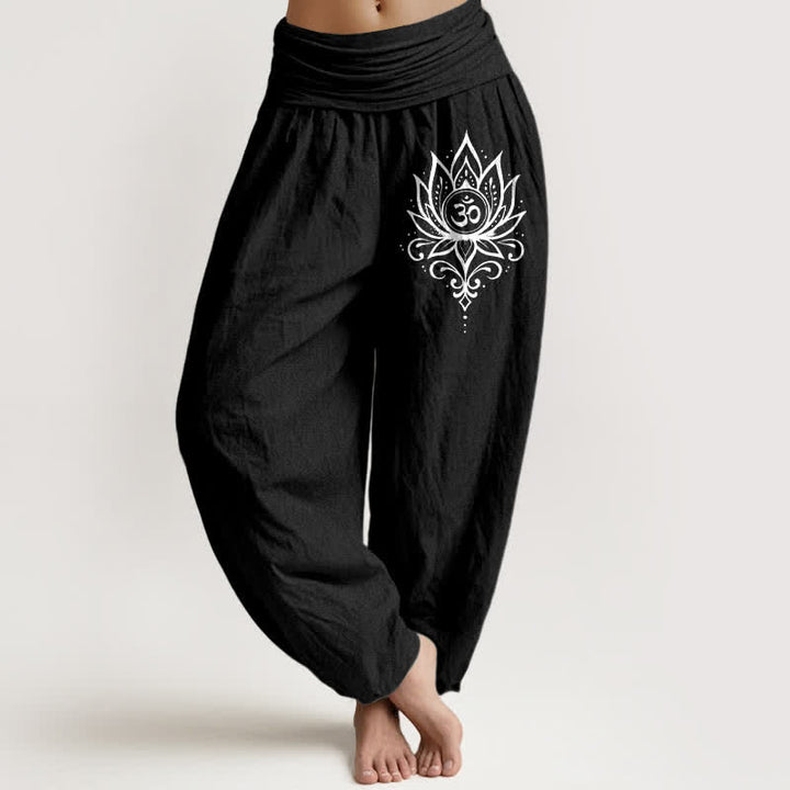 Buddha Stones Spodnie damskie harem z czystej bawełny w kolorze białym z wzorem lotosu i om - Czarny - US16, UK/AU20, EU48 (3XL) - image 5