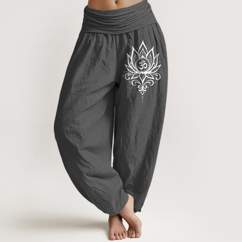 Buddha Stones Spodnie damskie harem z czystej bawełny w kolorze białym z wzorem lotosu i om - DimGray - US16, UK/AU20, EU48 (3XL) - image 8