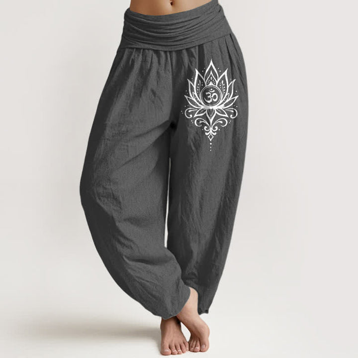 Buddha Stones Spodnie damskie harem z czystej bawełny w kolorze białym z wzorem lotosu i om - DimGray - US16, UK/AU20, EU48 (3XL) - image 8
