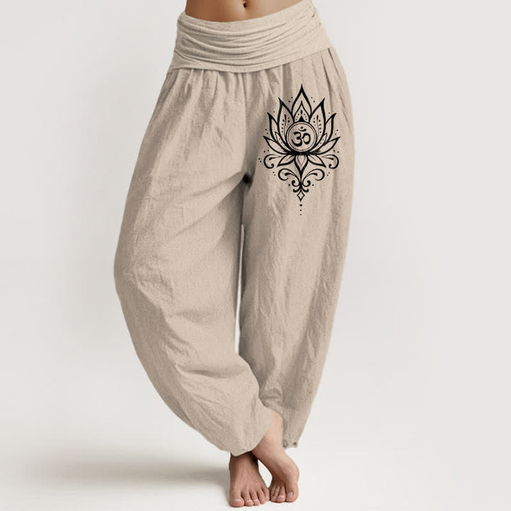 Buddha Stones Spodnie damskie harem z czystej bawełny w kolorze białym z wzorem lotosu i om - Dębnik - US16, UK/AU20, EU48 (3XL) - image 11