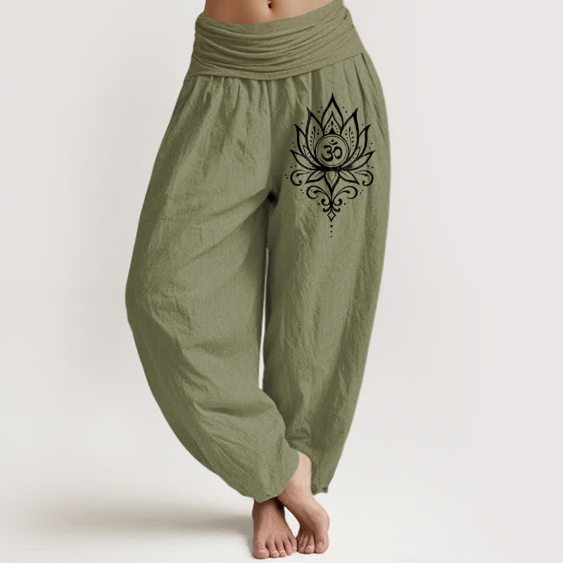 Buddha Stones Spodnie damskie harem z czystej bawełny w kolorze białym z wzorem lotosu i om - Oliwkowy - US16, UK/AU20, EU48 (3XL) - image 14