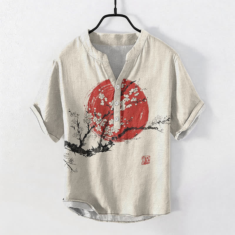 Buddha Stones Koszula męska z krótkim rękawem i półguzikiem w kolorze bawełny i kwiatu śliwki - Bielizna - US/UK/AU50, EU60 (5XL) - image 0