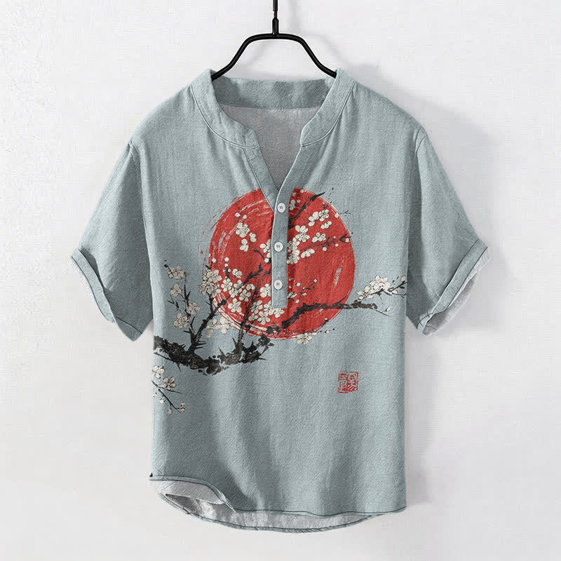 Buddha Stones Koszula męska z krótkim rękawem i półguzikiem w kolorze bawełny i kwiatu śliwki - Jasnoniebieski - US/UK/AU50, EU60 (5XL) - image 5