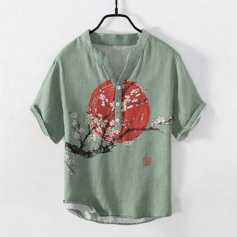 Buddha Stones Koszula męska z krótkim rękawem i półguzikiem w kolorze bawełny i kwiatu śliwki - DarkSeaGreen - US/UK/AU50, EU60 (5XL) - image 7
