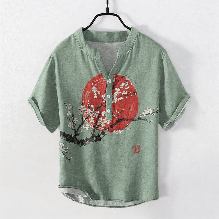Buddha Stones Koszula męska z krótkim rękawem i półguzikiem w kolorze bawełny i kwiatu śliwki - DarkSeaGreen - US/UK/AU50, EU60 (5XL) - image 7