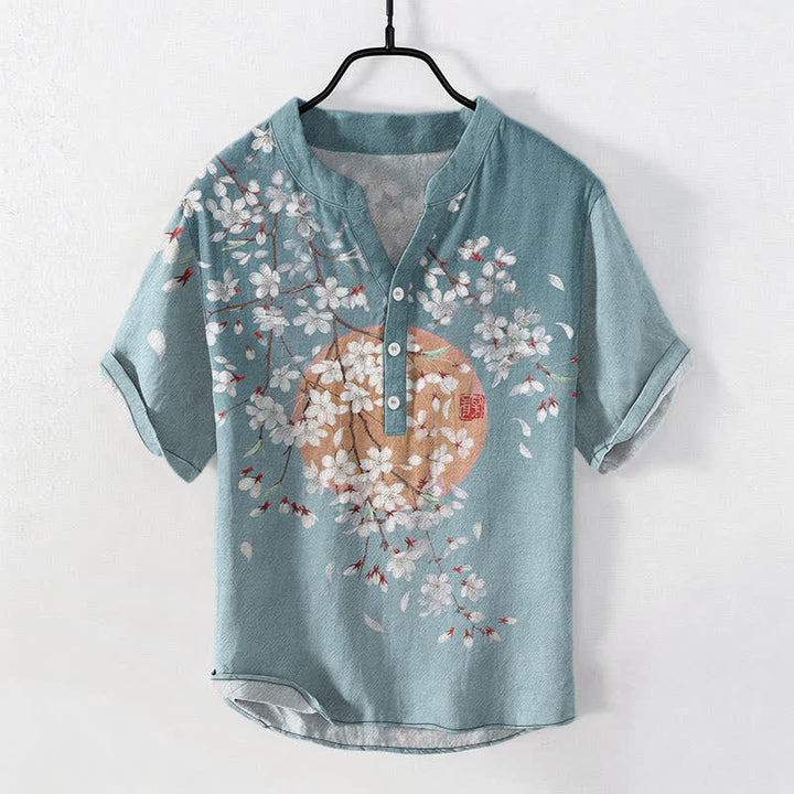 Buddha Stones Koszula męska z krótkim rękawem i krótkim guzikiem, bawełniana, z motywem gałęzi Sakury i słońca - CadetBlue - US/UK/AU50, EU60 (5XL) - image 5