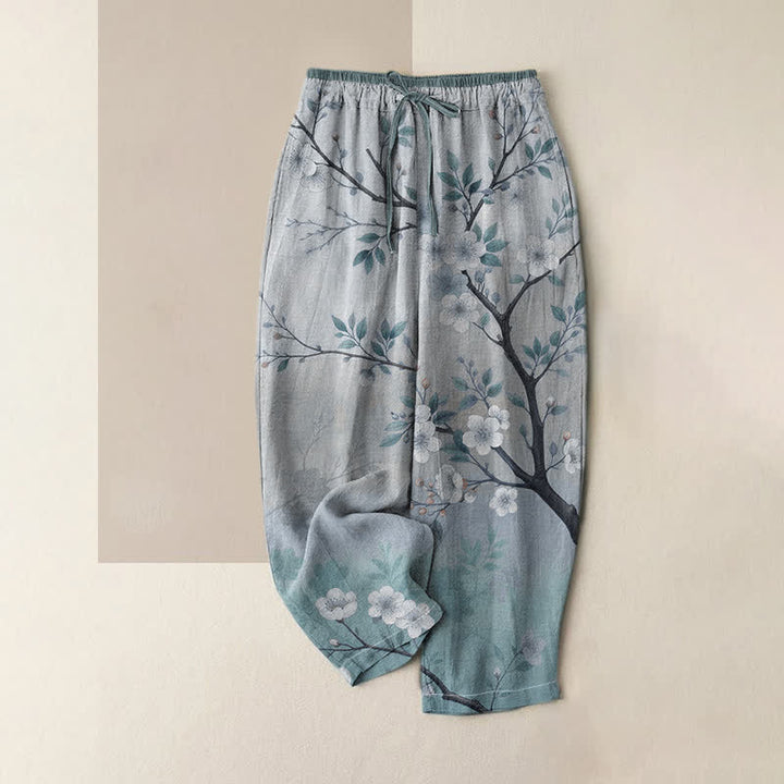 Buddha Stones Spodnie damskie z elastyczną talią i kieszeniami, z czystej bawełny, z nadrukiem w gałązki kwiatu - CadetBlue - US16, UK/AU20, EU48 (3XL) - image 4