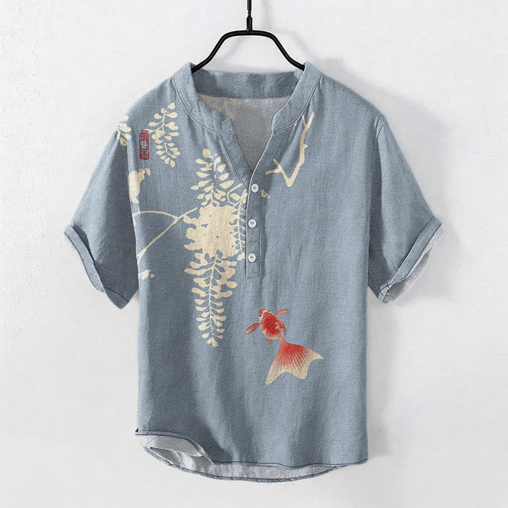 Buddha Stones Koszula męska z krótkim rękawem i nadrukiem w kwiaty i winorośl z motywem ryby Koi, zapinana na pół guzika - Jasnoniebieski - US/UK/AU50, EU60 (5XL) - image 0