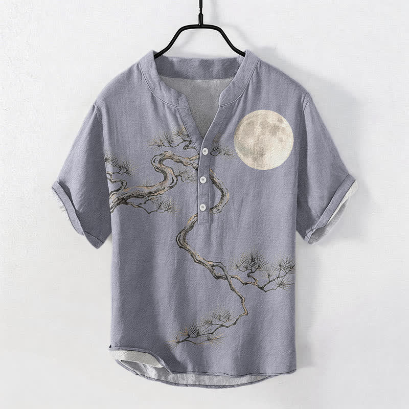 Buddha Stones Koszula męska z krótkim rękawem i półguzikiem w kolorze sosny księżycowej z nadrukiem Cotton Ink - LightSteelBlue - US/UK/AU50, EU60 (5XL) - image 0