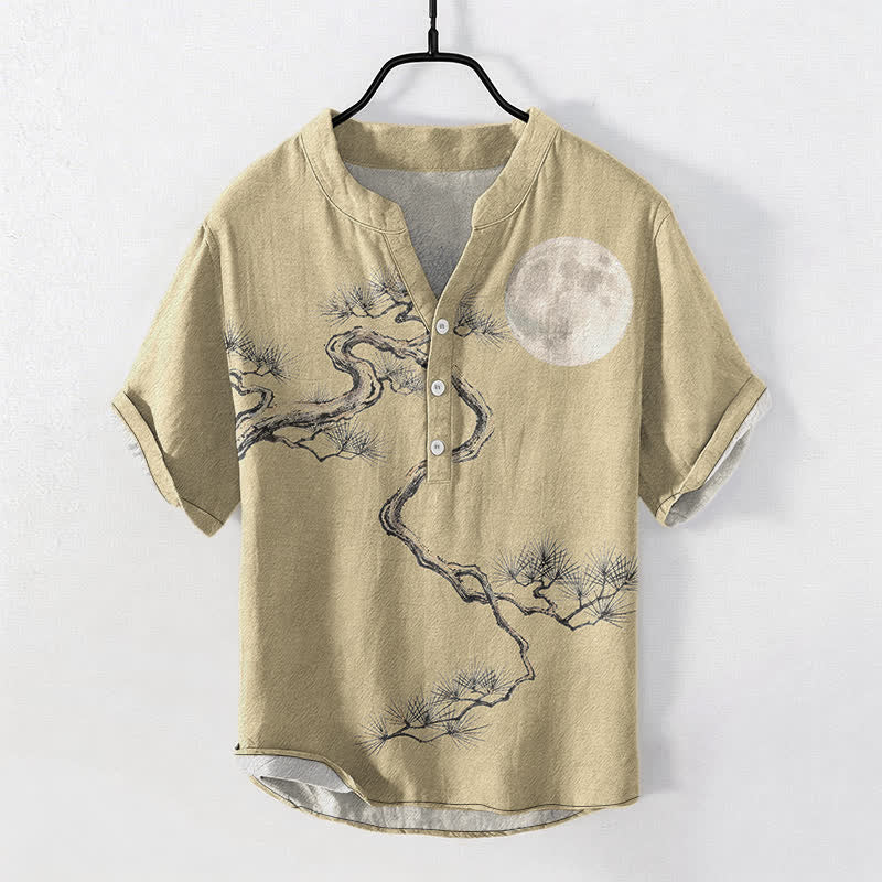 Buddha Stones Koszula męska z krótkim rękawem i półguzikiem w kolorze sosny księżycowej z nadrukiem Cotton Ink - Khaki - US/UK/AU50, EU60 (5XL) - image 5