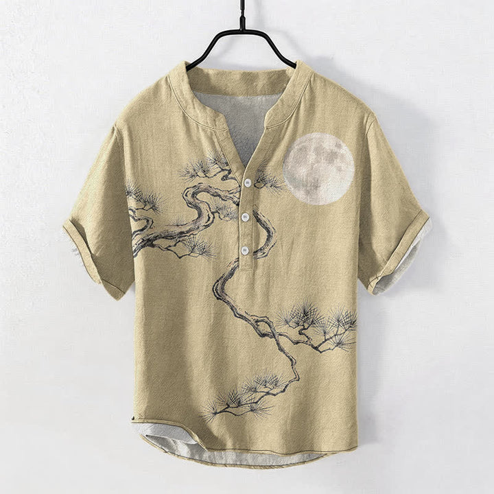 Buddha Stones Koszula męska z krótkim rękawem i półguzikiem w kolorze sosny księżycowej z nadrukiem Cotton Ink - Khaki - US/UK/AU50, EU60 (5XL) - image 5