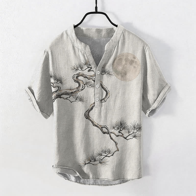 Buddha Stones Koszula męska z krótkim rękawem i półguzikiem w kolorze sosny księżycowej z nadrukiem Cotton Ink - Kość słoniowa - US/UK/AU50, EU60 (5XL) - image 7