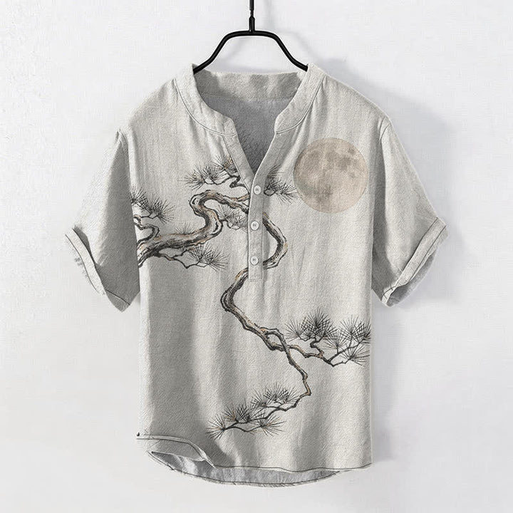 Buddha Stones Koszula męska z krótkim rękawem i półguzikiem w kolorze sosny księżycowej z nadrukiem Cotton Ink - Kość słoniowa - US/UK/AU50, EU60 (5XL) - image 7