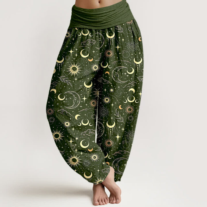 Buddha Stones Spodnie damskie typu harem z bawełny z motywem księżyca, słońca i gwiazd, z elastyczną talią - DarkOliveGreen - US16, UK/AU20, EU48 (3XL) - image 8