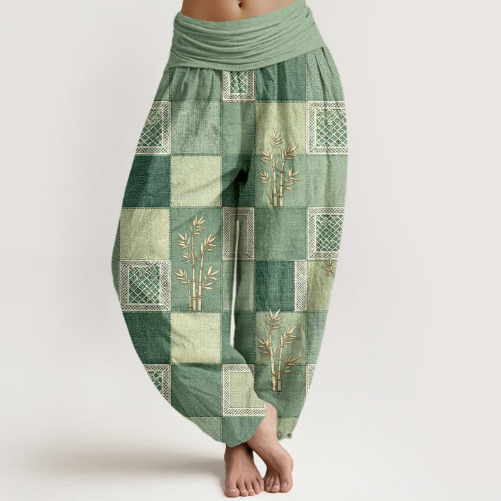Buddha Stones Spodnie damskie typu harem z elastycznej talii, z bawełny bambusowej, wzór patchworkowy - Jasnozielony - US16, UK/AU20, EU48 (3XL) - image 0