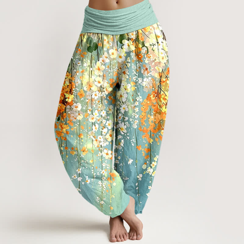 Buddha Stones Spodnie damskie typu harem z bawełny z wzorem kaskadowym Wildflower i elastyczną talią - Turkus - US16, UK/AU20, EU48 (3XL) - image 0