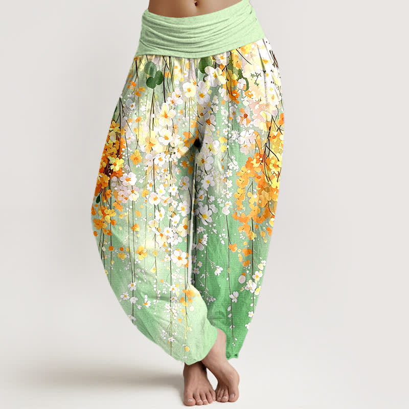 Buddha Stones Spodnie damskie typu harem z bawełny z wzorem kaskadowym Wildflower i elastyczną talią - Jasnozielony - US16, UK/AU20, EU48 (3XL) - image 8