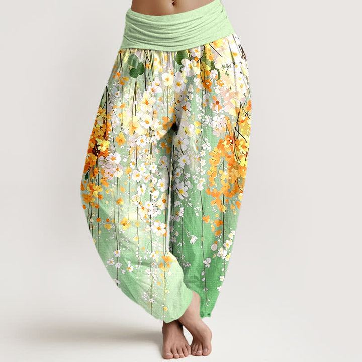 Buddha Stones Spodnie damskie typu harem z bawełny z wzorem kaskadowym Wildflower i elastyczną talią - Jasnozielony - US16, UK/AU20, EU48 (3XL) - image 8