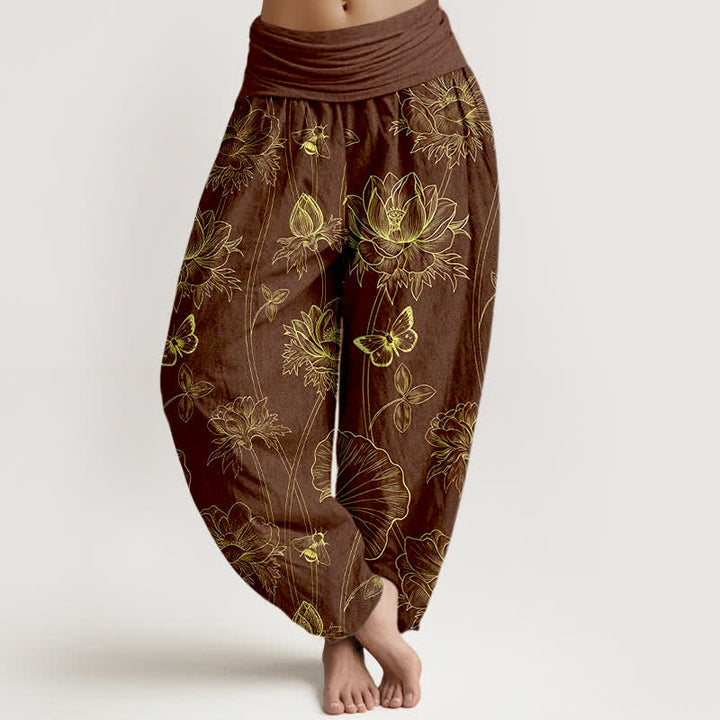 Buddha Stones Spodnie haremowe damskie z elastyczną talią i wzorem motyla lotosu - SaddleBrown - US16, UK/AU20, EU48 (3XL) - image 5