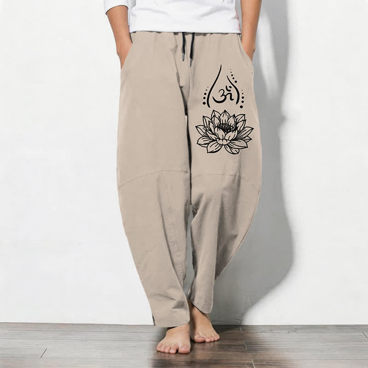 Buddha Stones Spodnie męskie zwężane z czystej bawełny z motywem Świętego Lotosu Om i kieszeniami - Beżowy - US/UK/AU50, EU60 (5XL) - image 11