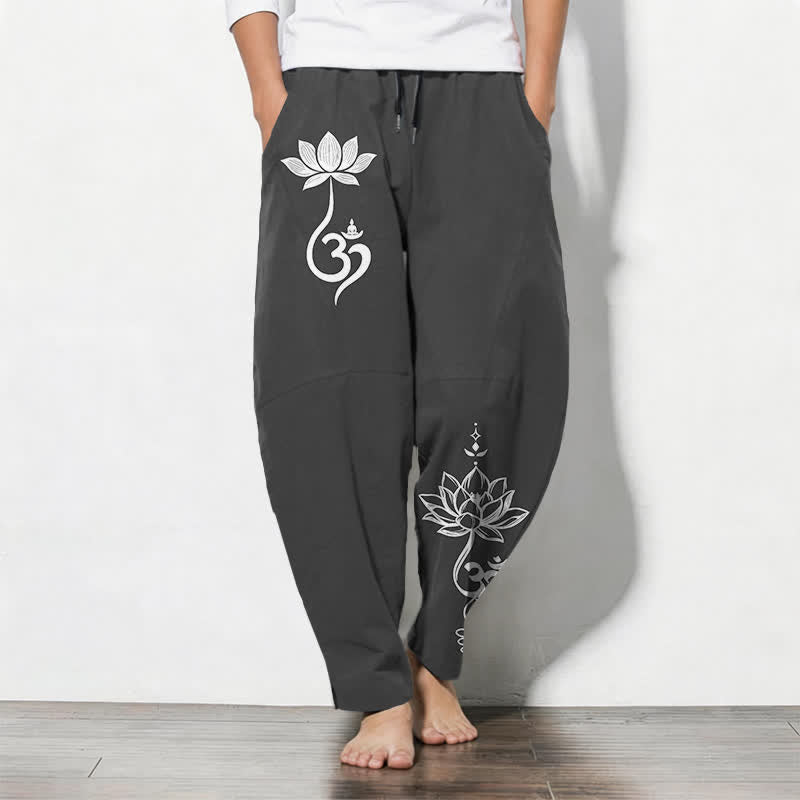 Buddha Stones Spodnie męskie zwężane z czystej bawełny ze wzorem Zen Om i ściągaczem, z kieszeniami - Czarny - US/UK/AU50, EU60 (5XL) - image 0