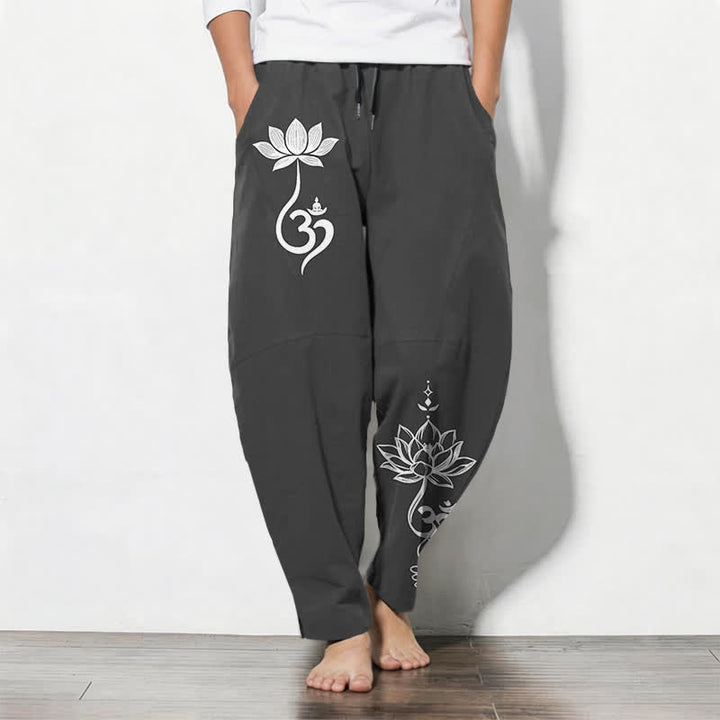 Buddha Stones Spodnie męskie zwężane z czystej bawełny ze wzorem Zen Om i ściągaczem, z kieszeniami - Czarny - US/UK/AU50, EU60 (5XL) - image 0