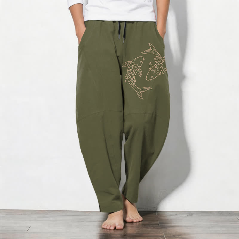 Buddha Stones Spodnie męskie zwężane z czystej bawełny z motywem ryby Koi, ze ściągaczem i kieszeniami - Oliwka - US/UK/AU50, EU60 (5XL) - image 0