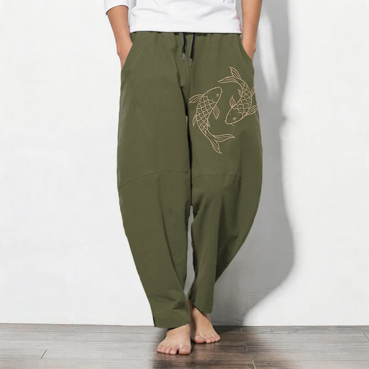 Buddha Stones Spodnie męskie zwężane z czystej bawełny z motywem ryby Koi, ze ściągaczem i kieszeniami - Oliwka - US/UK/AU50, EU60 (5XL) - image 0