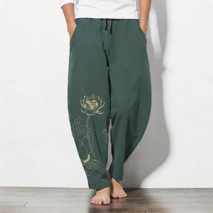Buddha Stones Spodnie męskie zwężane z czystej bawełny ze wzorem Golden Lotus Cloud i ściągaczem, z kieszeniami - Cyraneczka - US/UK/AU50, EU60 (5XL) - image 0