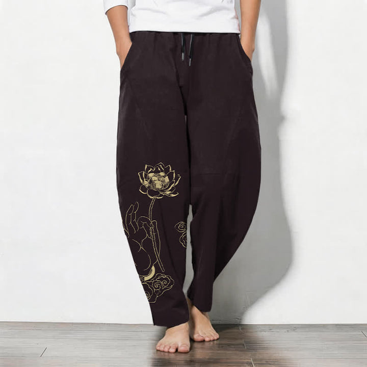 Buddha Stones Spodnie męskie zwężane z czystej bawełny ze wzorem Golden Lotus Cloud i ściągaczem, z kieszeniami - SaddleBrown - US/UK/AU50, EU60 (5XL) - image 7