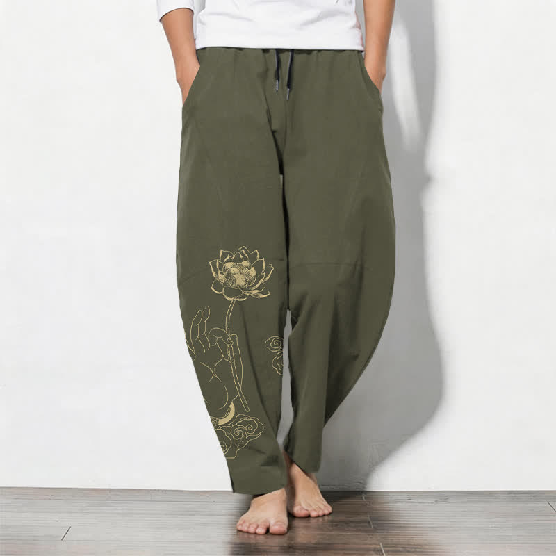 Buddha Stones Spodnie męskie zwężane z czystej bawełny ze wzorem Golden Lotus Cloud i ściągaczem, z kieszeniami - Oliwka - US/UK/AU50, EU60 (5XL) - image 11