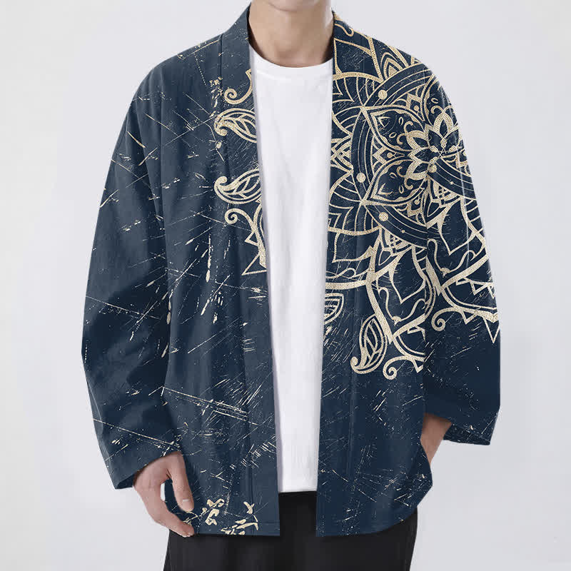 Buddha Stones Bawełniane, postarzane, męskie kimono z odkrytym przodem i wzorem mandali - Marynarka wojenna - US/UK/AU48， EU58 (4XL) - image 0