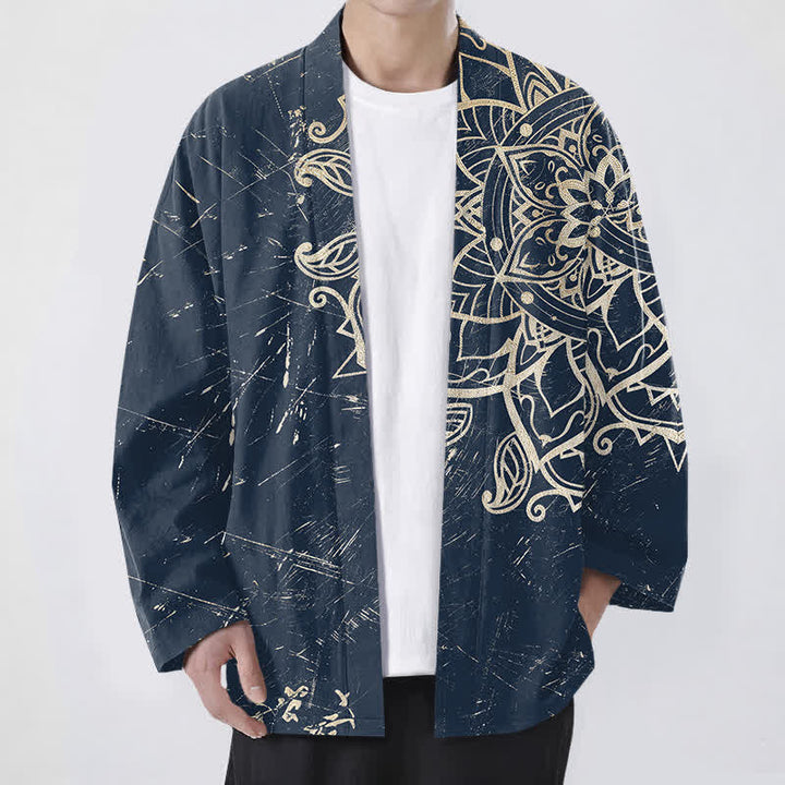 Buddha Stones Bawełniane, postarzane, męskie kimono z odkrytym przodem i wzorem mandali - Marynarka wojenna - US/UK/AU48， EU58 (4XL) - image 0