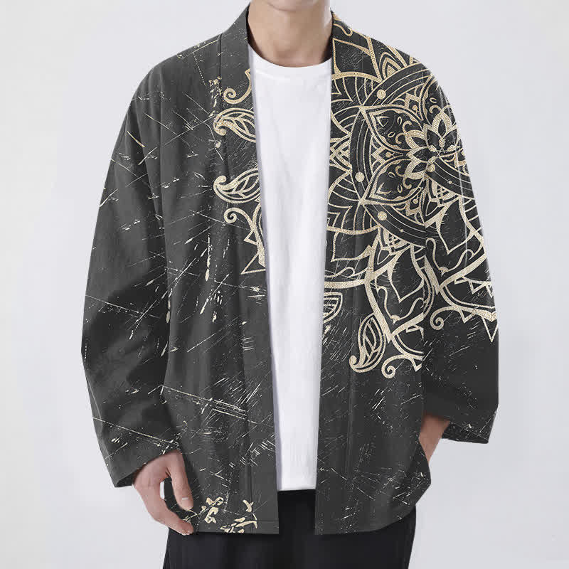 Buddha Stones Bawełniane, postarzane, męskie kimono z odkrytym przodem i wzorem mandali - Szary - US/UK/AU48， EU58 (4XL) - image 9
