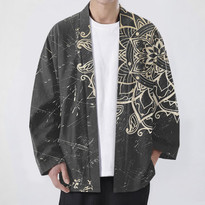 Buddha Stones Bawełniane, postarzane, męskie kimono z odkrytym przodem i wzorem mandali - Szary - US/UK/AU48， EU58 (4XL) - image 9