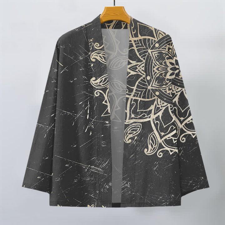 Buddha Stones Bawełniane, postarzane, męskie kimono z odkrytym przodem i wzorem mandali - image 10