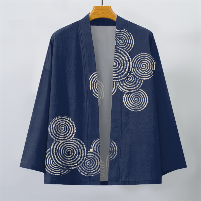 Buddha Stones Bawełniane kimono męskie z koncentrycznym spiralnym wzorem otwartym z przodu - image 1