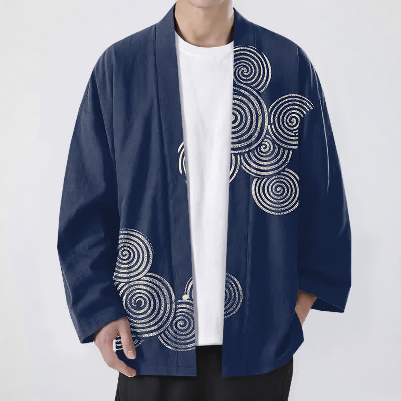 Buddha Stones Bawełniane kimono męskie z koncentrycznym spiralnym wzorem otwartym z przodu - Marynarka wojenna - US/UK/AU48， EU58 (4XL) - image 0