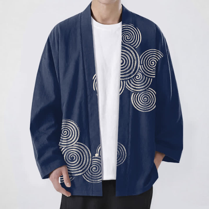 Buddha Stones Bawełniane kimono męskie z koncentrycznym spiralnym wzorem otwartym z przodu - Marynarka wojenna - US/UK/AU48， EU58 (4XL) - image 0