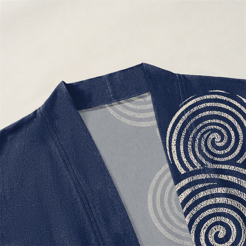 Buddha Stones Bawełniane kimono męskie z koncentrycznym spiralnym wzorem otwartym z przodu - image 3