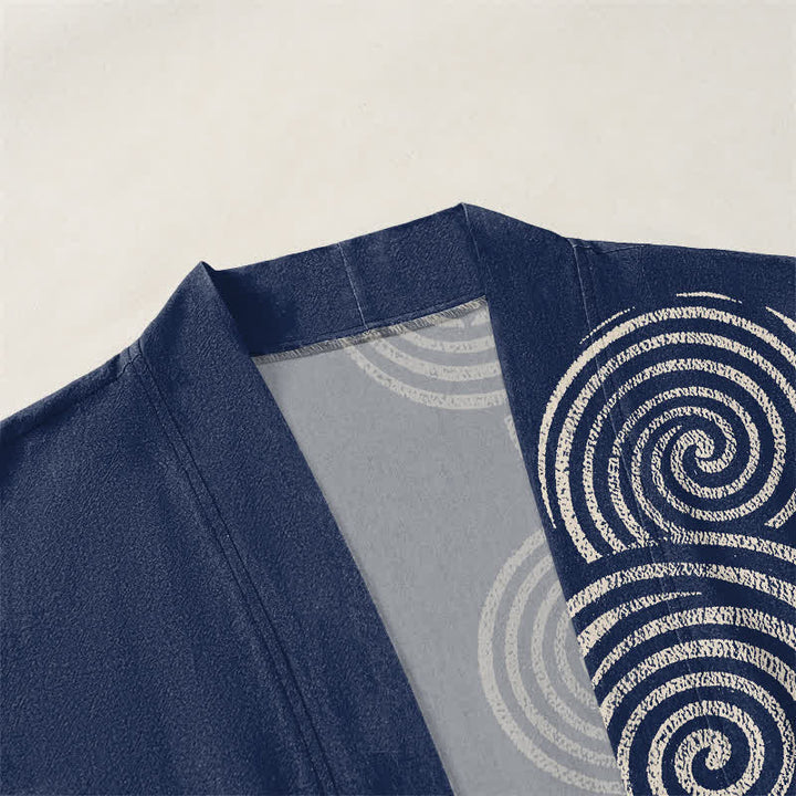 Buddha Stones Bawełniane kimono męskie z koncentrycznym spiralnym wzorem otwartym z przodu - image 3