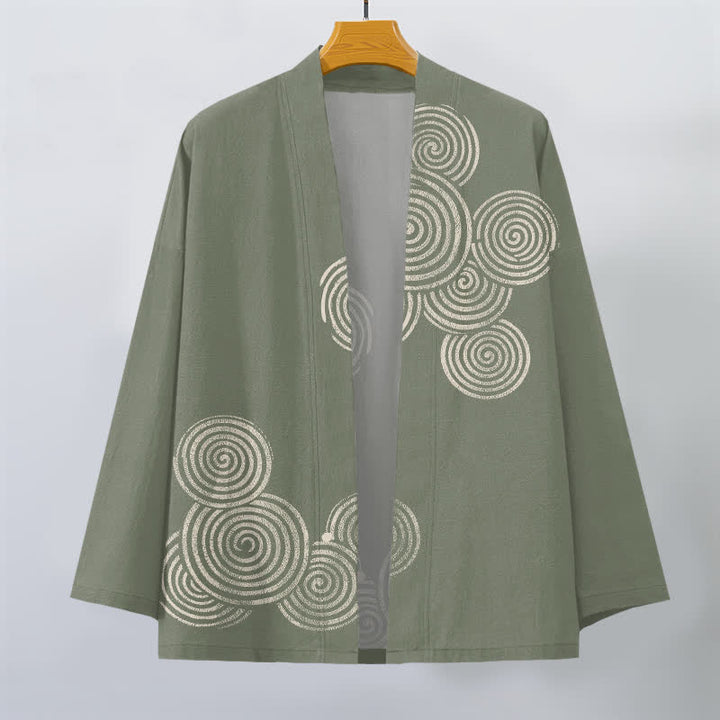 Buddha Stones Bawełniane kimono męskie z koncentrycznym spiralnym wzorem otwartym z przodu - image 7